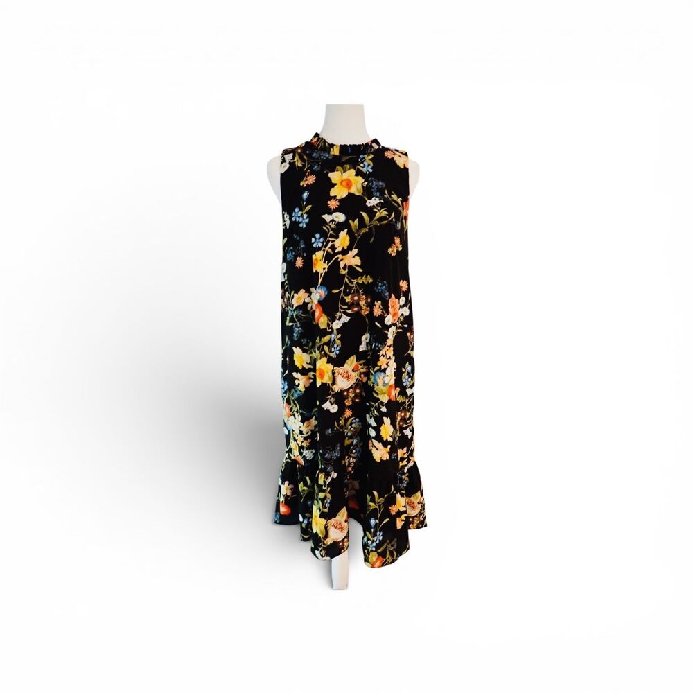 Julia Jordan Dress Womens 12 Black Floral Sleeveless Ruffle Neck Hem Garden